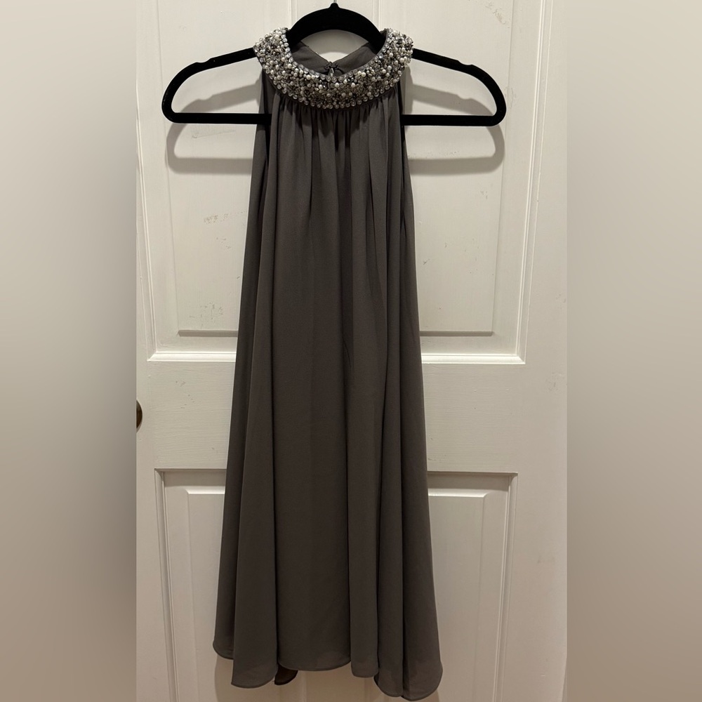 EUC.Badgley Mischka Charcoal Backless Dress with Embellished Neckline